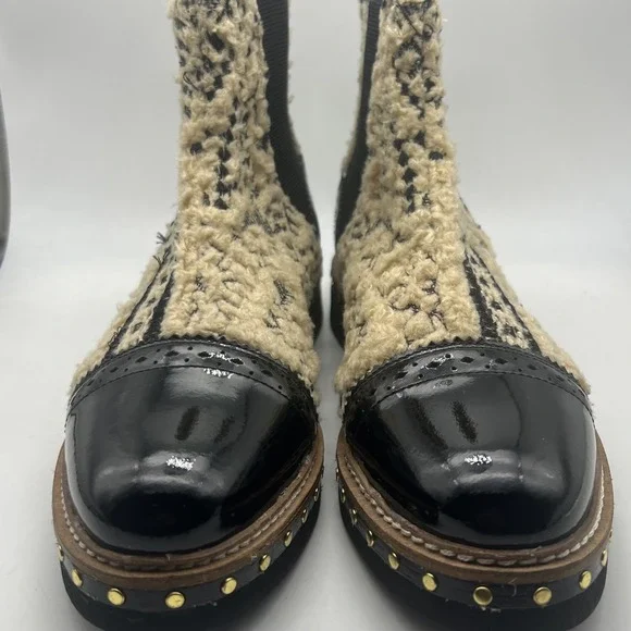 Free People Leather and Atlas Textile Chelsea Boots Size 37 Beige Black Boho - Picture 2 of 10